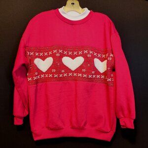 Vintage Sweatshirt Steppingstone Size Large Pink Knit Hearts Pullover Valentines